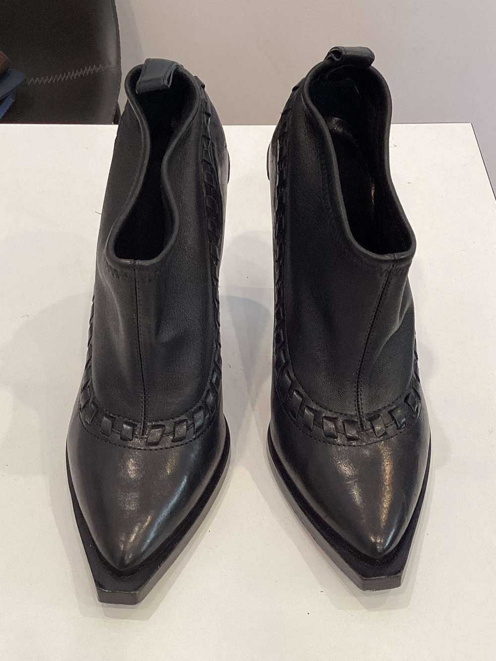 Alexander Wang Black Pointed Toe Leather Ankle Booties with Braided Trim